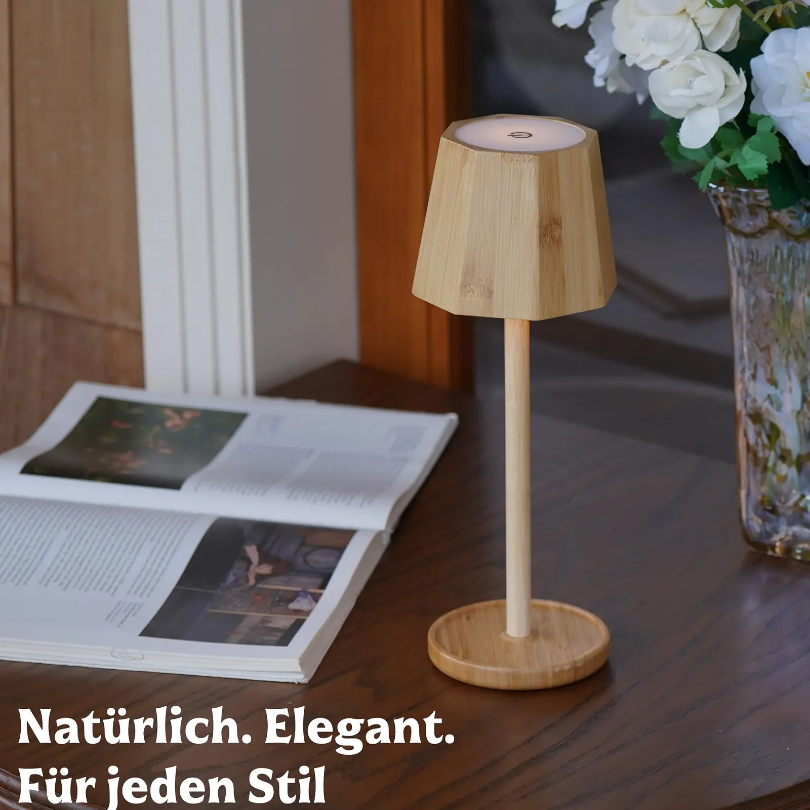 Настільна лампа LED Vintage Bamboo Boho бездротова сенсорна IP54 5200 mAh Дерев'яна, фото №8