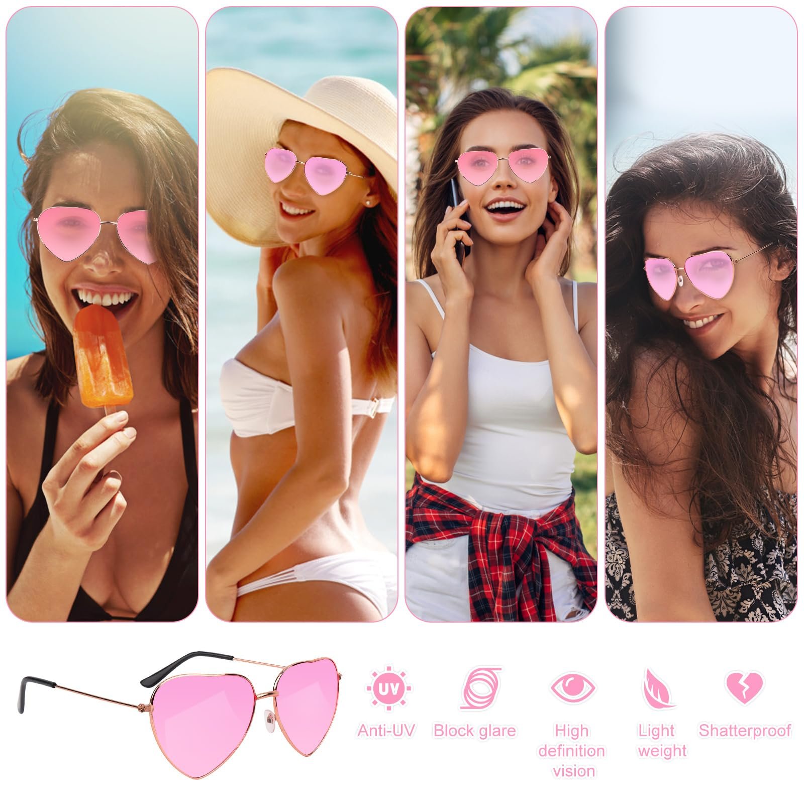 Солнцезащитные очки RISVOWO в форме сердца, металлическая оправа, ретро, ​​розовые, 4 пары., фото №4