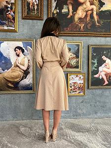 Женское красивое легкое платье в горох миди с бантом SK102 цвет Бежевый размер S synthetic.ua - Фото 1