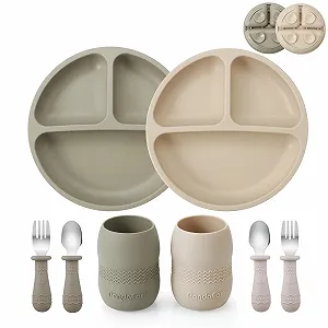 Набір для годування PandaEar Силіконова тарілка з роздільниками (2 шт) та маленька чашка (2 шт) з ложками (2 шт) і виделками (2 шт) - Фото 1