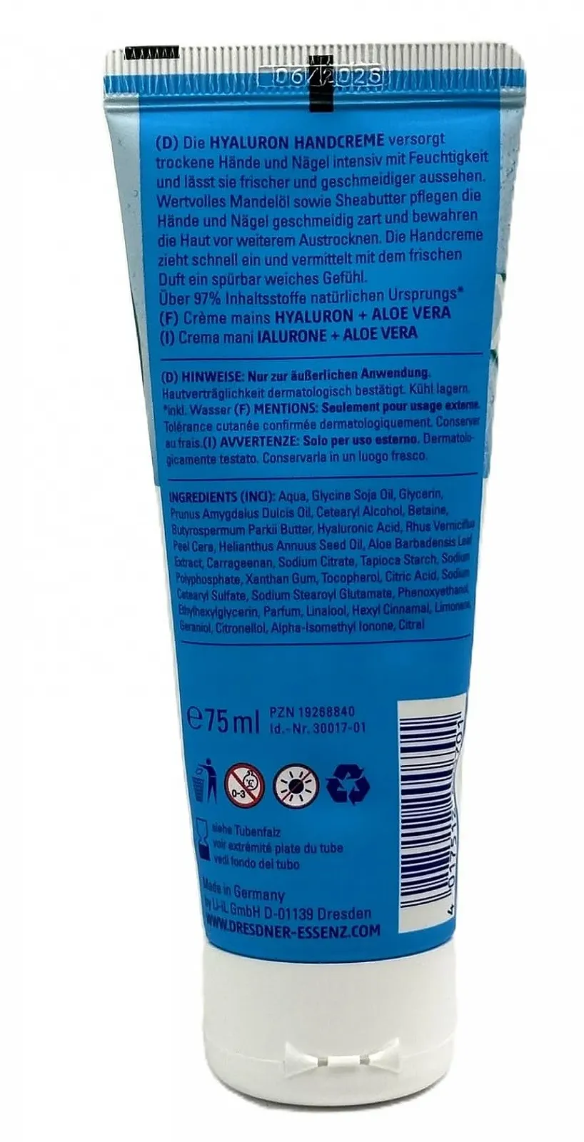 Крем для рук Dresdner Essenz Гиалуроновая кислота + Алоэ Вера, 2 x 75 мл, набор из 2 штук, фото №2