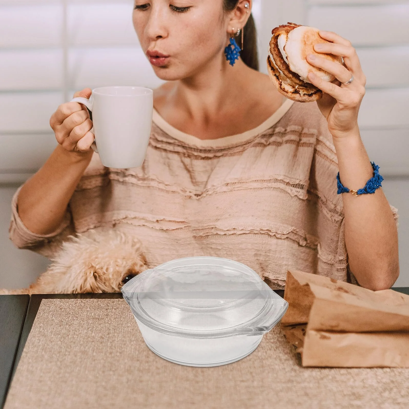 Миска стеклянная с крышкой Термостойкая Для супа Для духовки и микроволновой печи Коричневая, фото №4