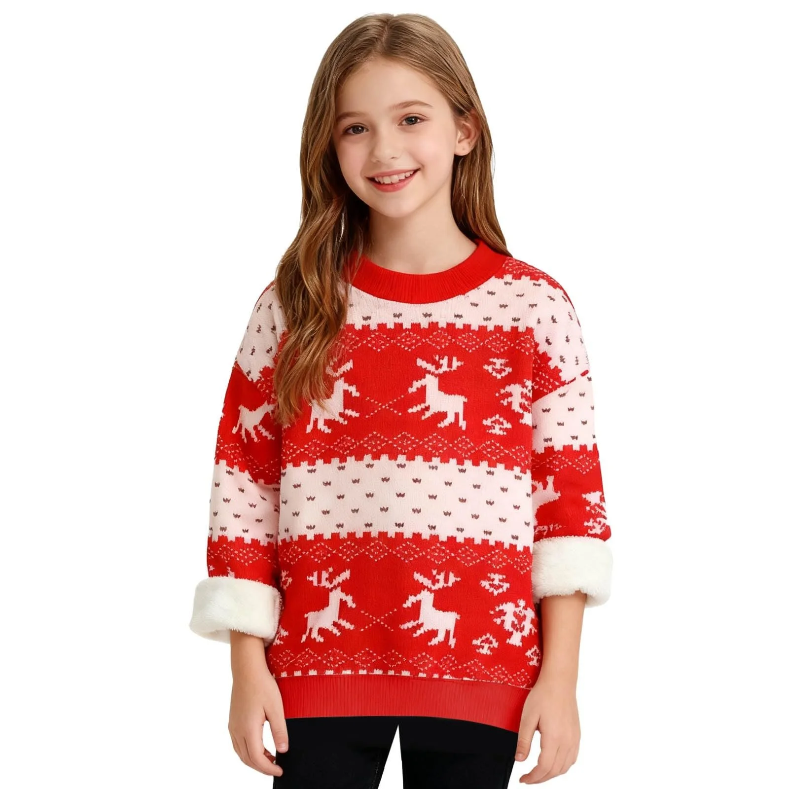 Праздничный свитер с принтом оленя для девочки, фото №2