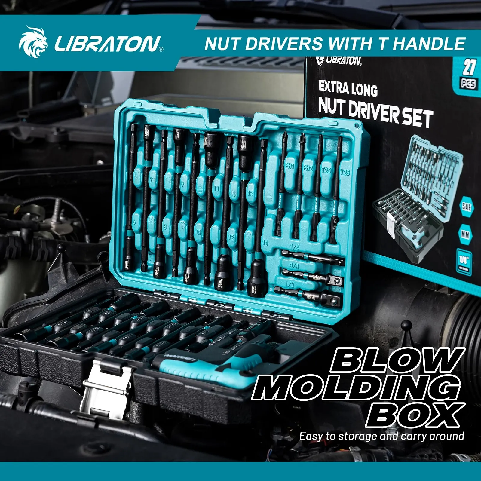 Набір магнітних подовжених головок LIBRATON 27 предметів 1/4 дюйм з Т-подібною тріскачкою Metric SAE S2 Bit Holder, фото №8