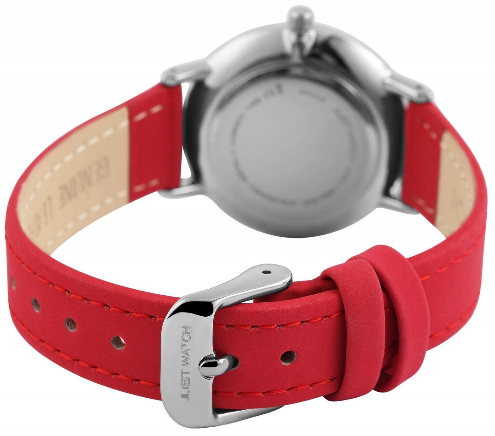 Женские наручные часы Just Watch, серебристый корпус 33 мм, красный кожаный ремешок, фото №3