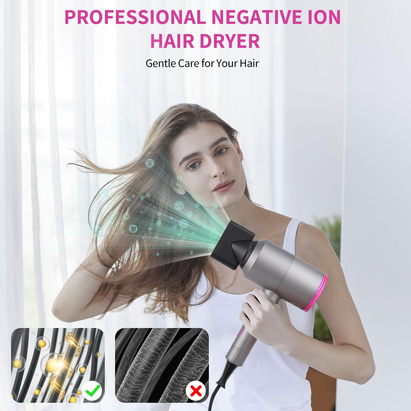 Фен Euakee Professional 2000 Вт, для швидкого сушіння, дорожній, 2 швидкості, 3 температурні режими, 1 дифузор та 2 концентратори, сірий, фото №5