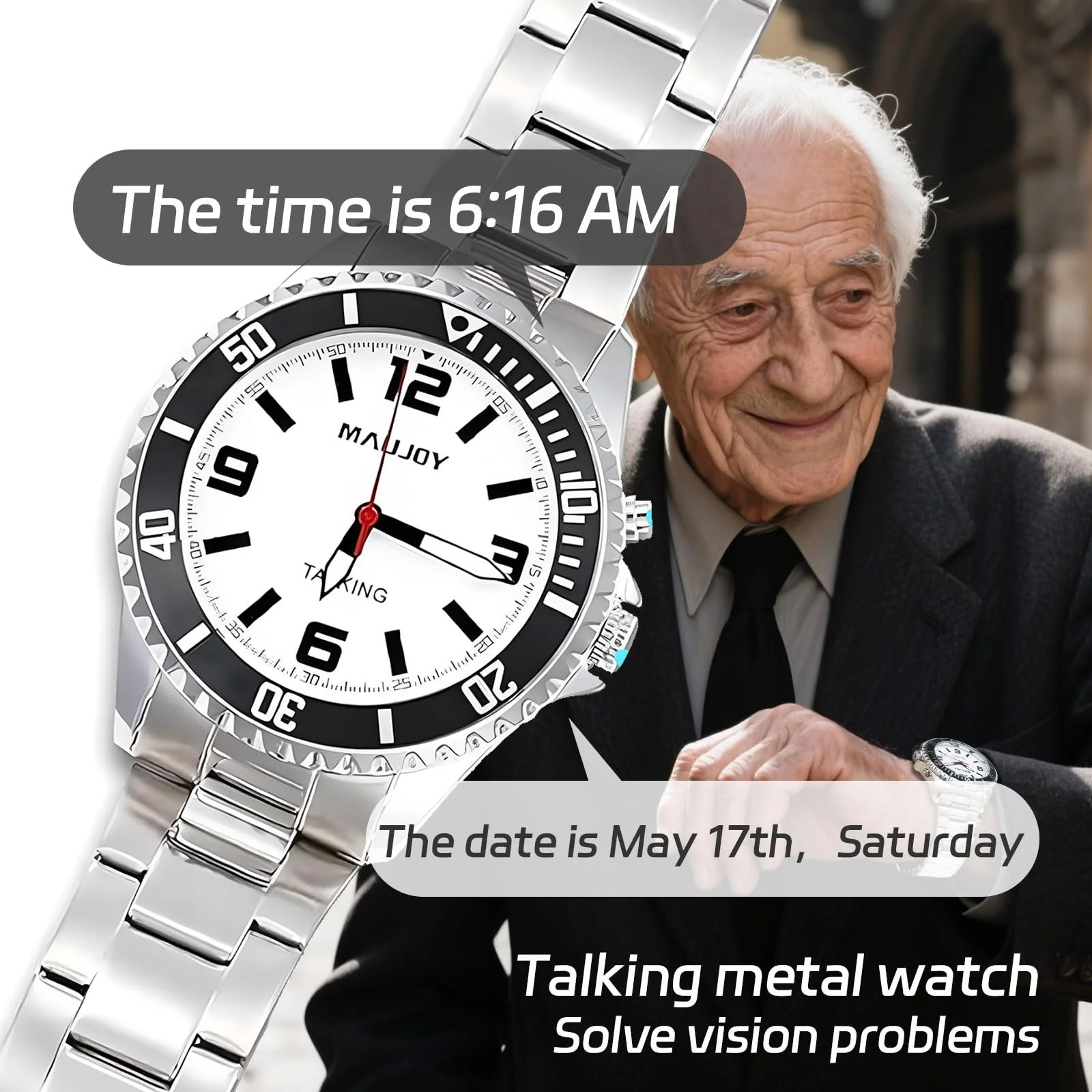 Часы мужские MAUJOY говорящие, с голосовым оповещением даты и времени, радиоуправляемые, кожаный ремешок, регулируемые, фото №3