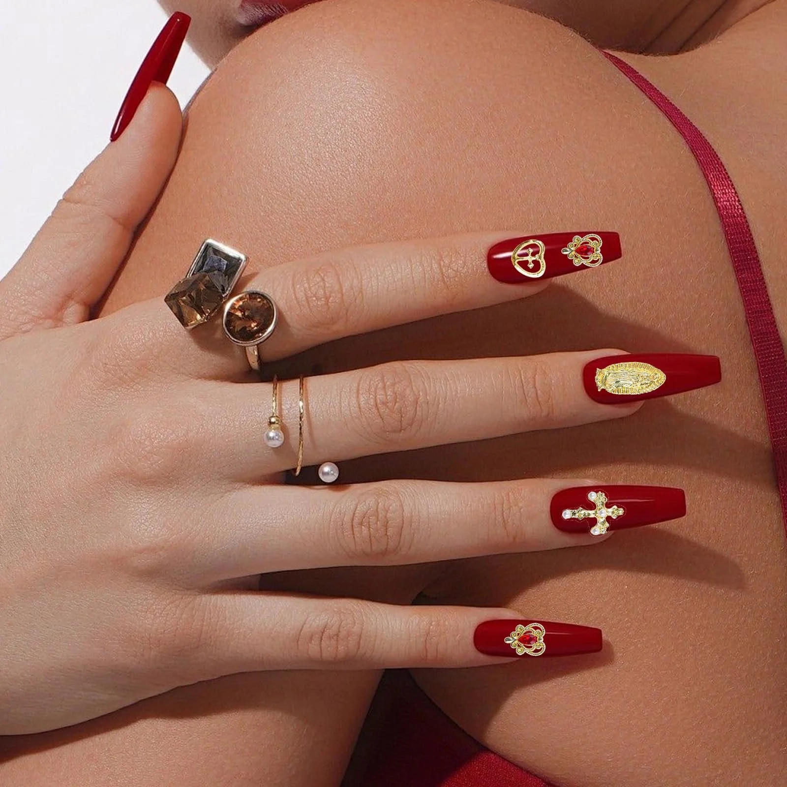 Украшения для ногтей Набор 70 шт Золотые Подвески Крест Роза Сердца Дева Мария, фото №6