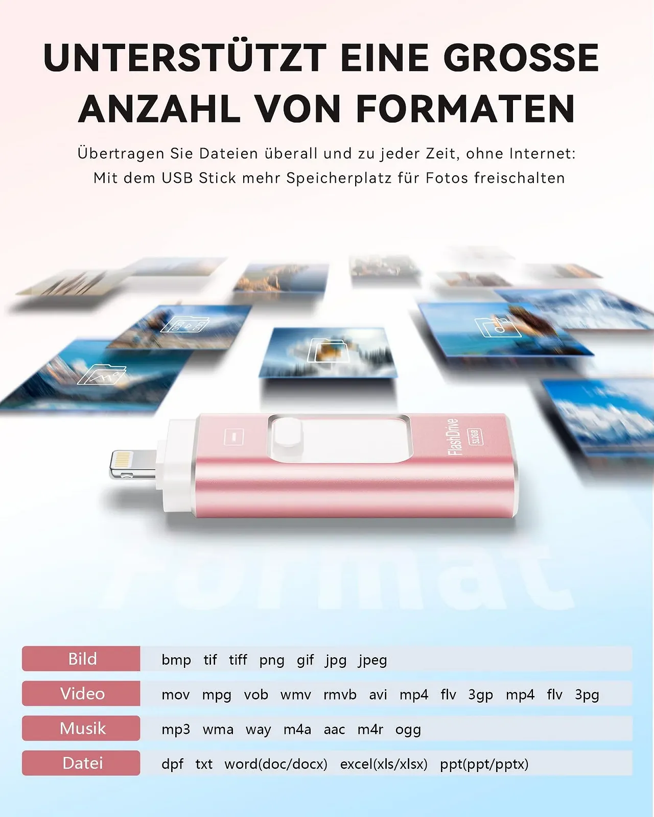 Флеш-накопичувач ROSPE 512GB Lightning Type-C USB 3.0 Rose Pink, фото №7 Флеш-накопичувач ROSPE 512GB Lightning Type-C USB 3.0 Rose Pink, фото №7