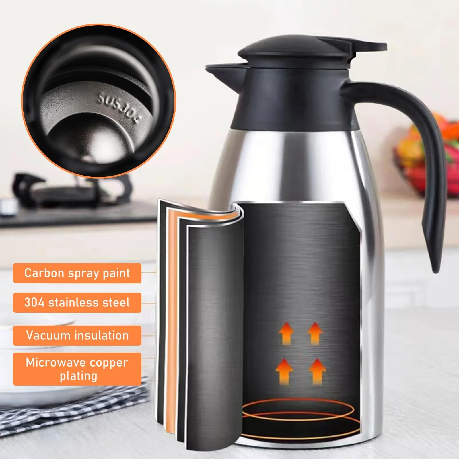 Термос Фляга из нержавеющей стали 2 л, Изолированный кувшин, Кофейник, Изолированный кувшин из нержавеющей стали, Термос Фляга для чая, Воды, Кофе, Молока, фото №6