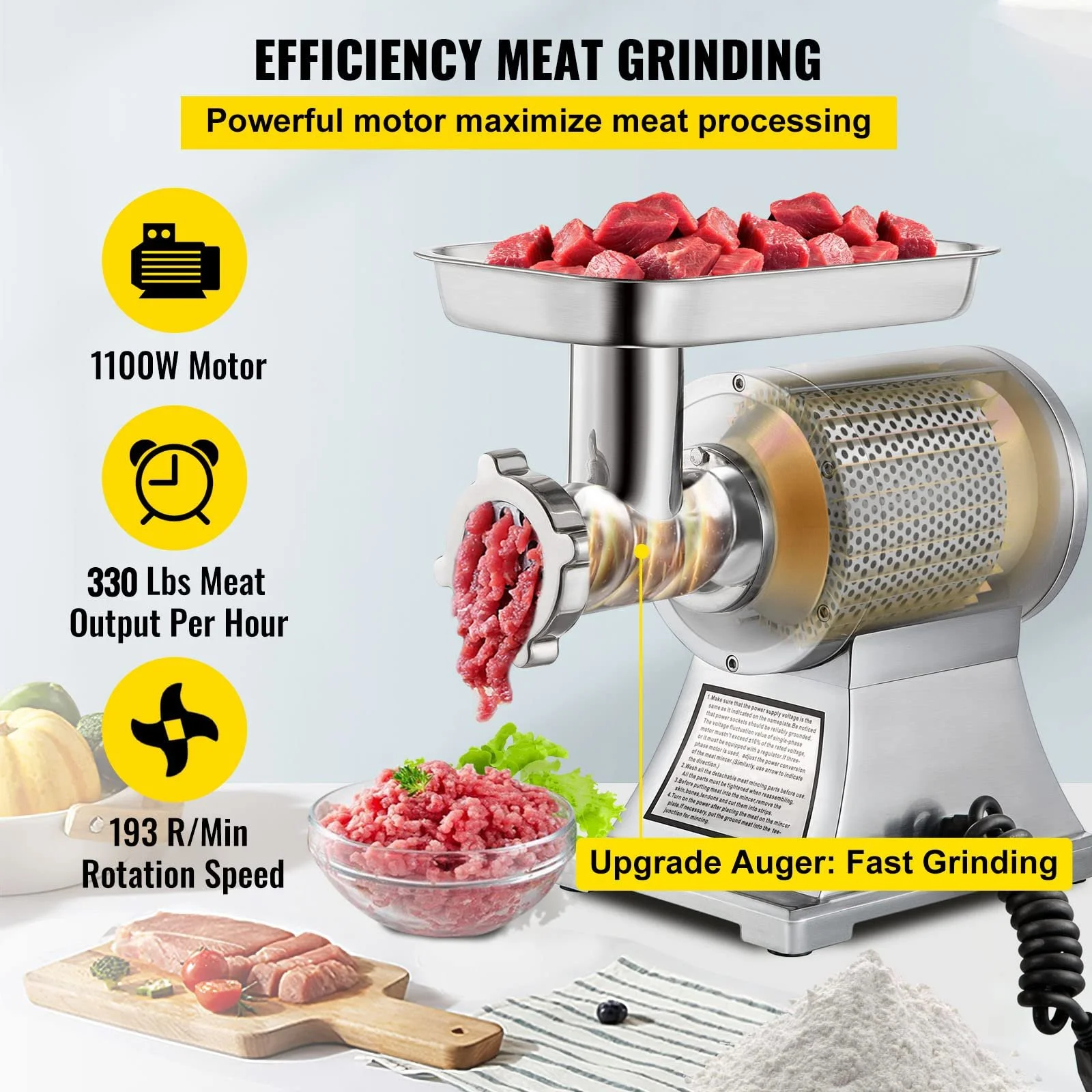 Мясорубка VEVOR электрическая, 850 Вт, 150 кг/час, 448 x 210 x 387 мм, нержавеющая сталь, 193 об/мин, фото №3