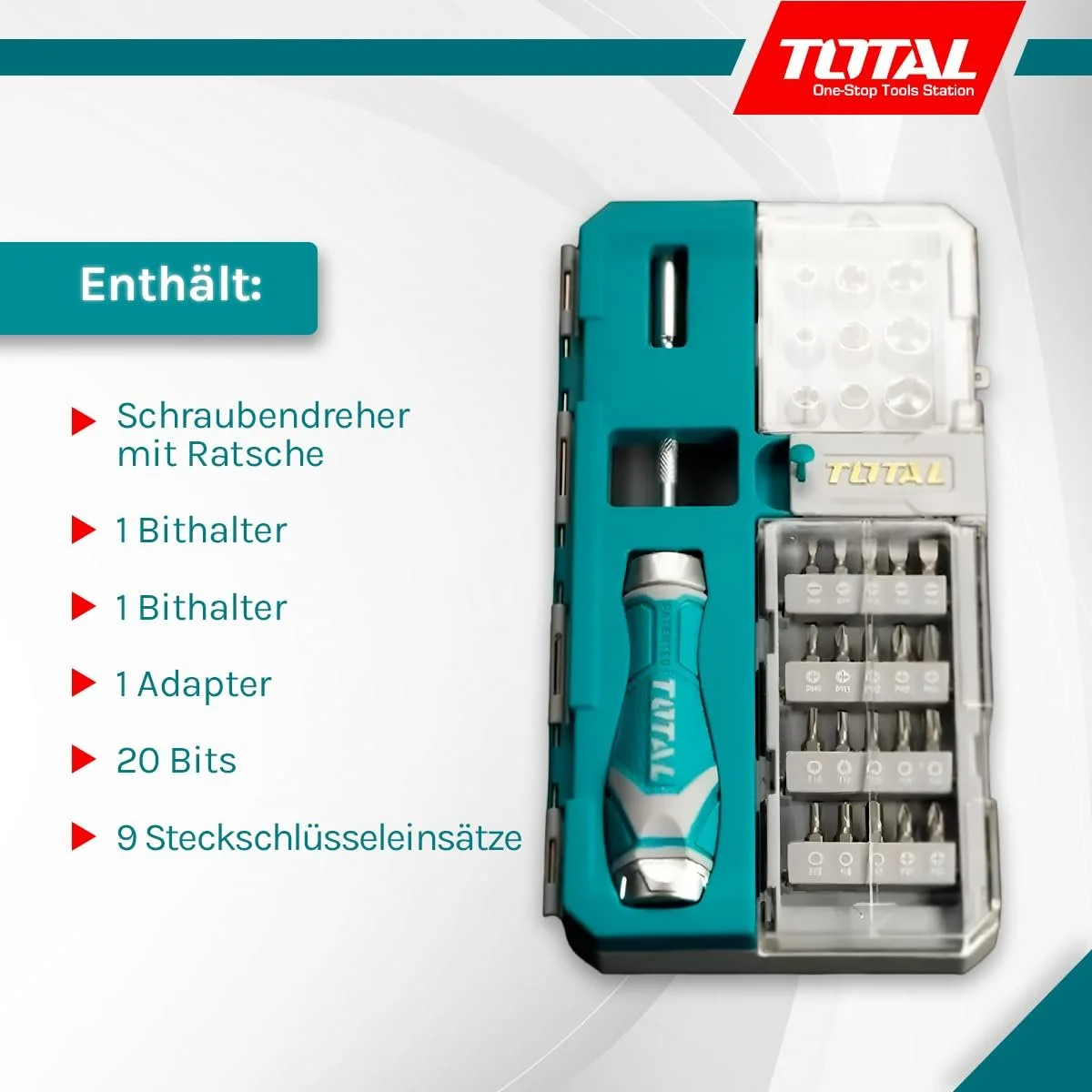 Реверсивна викрутка TOTAL з набором біт та головок 33 штуки 1/4 дюйма, фото №4