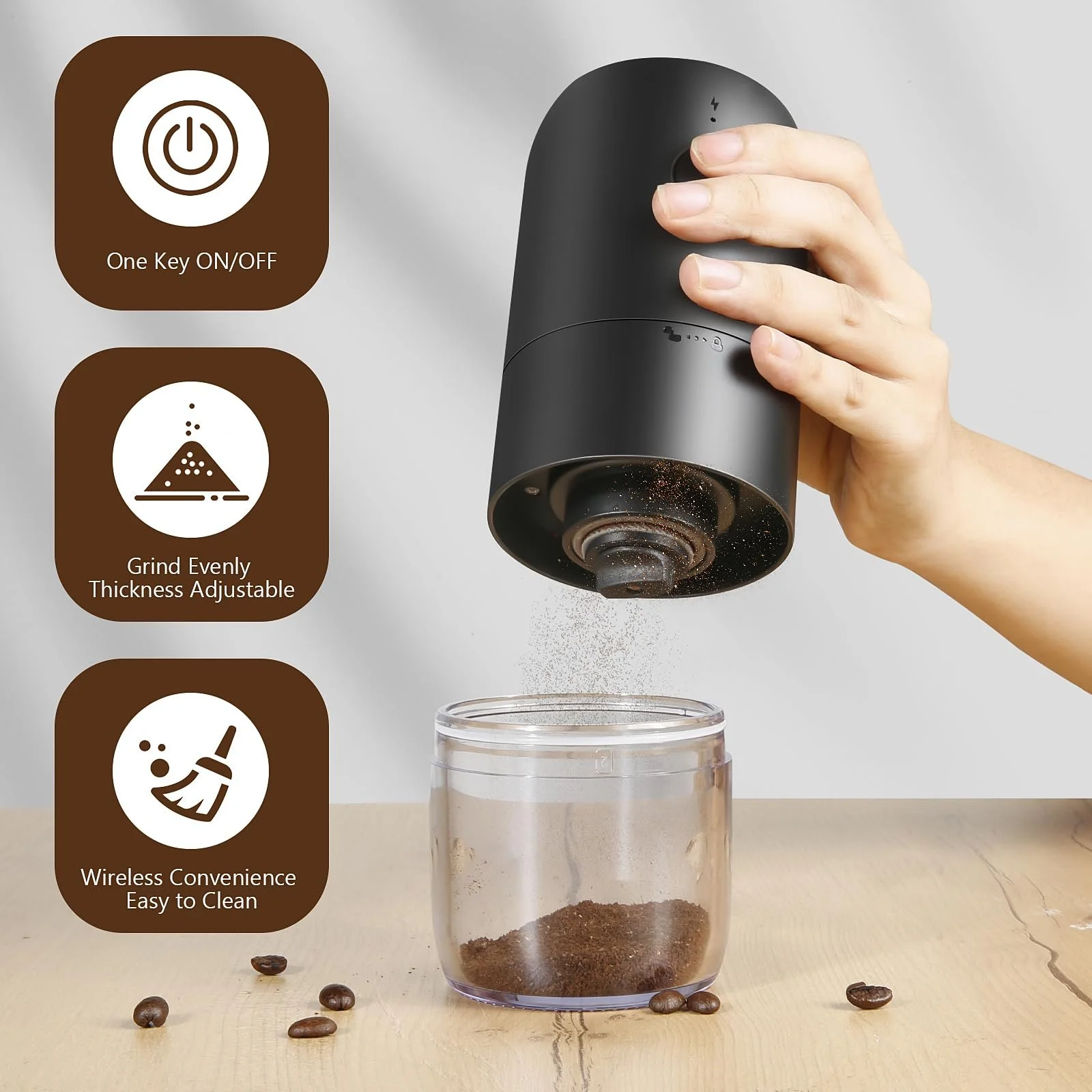 Кофемолка электрическая USB перезаряжаемая с керамической конической жерновкой, регулируемая грубость помола, фото №4