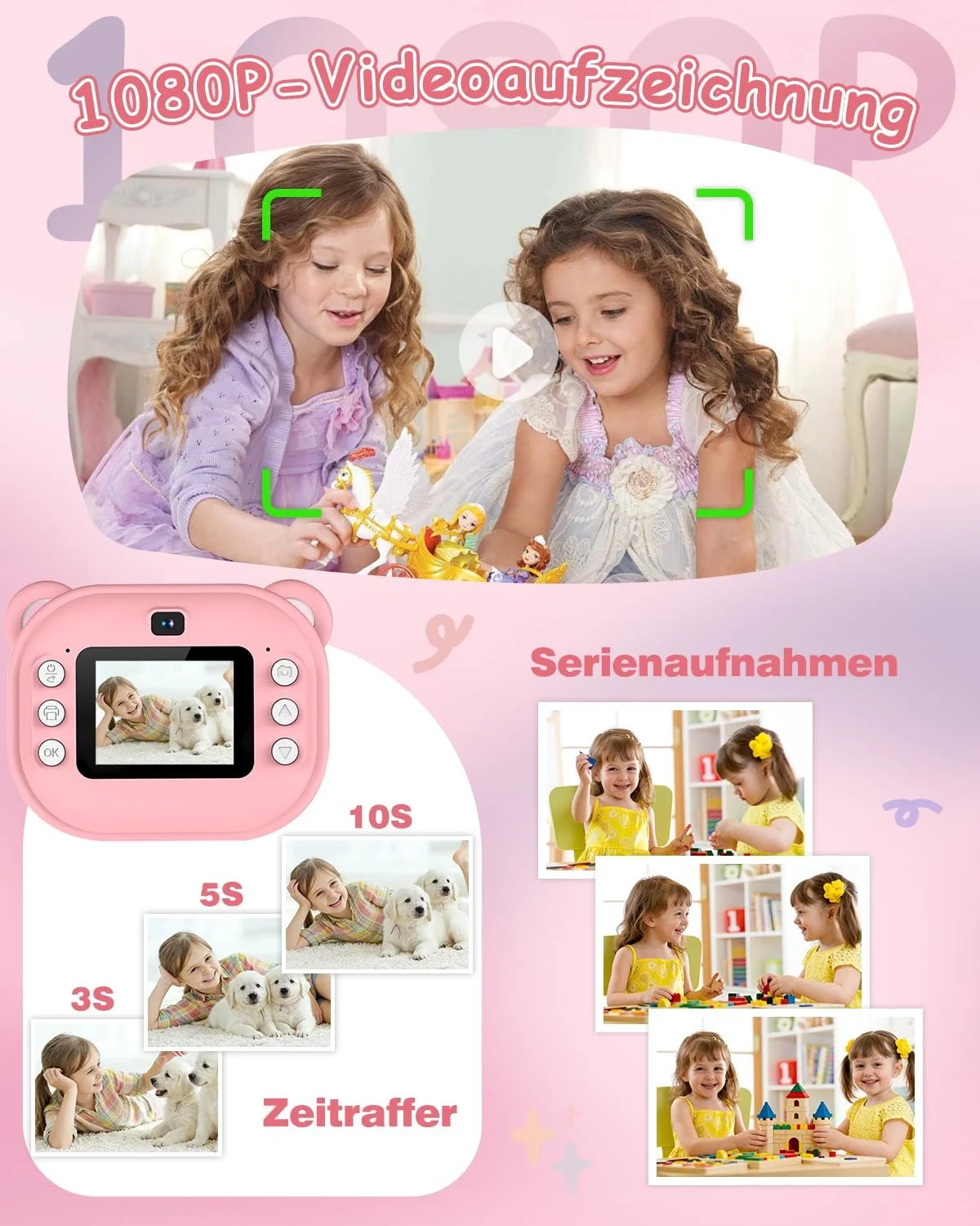 Детская цифровая фотокамера мгновенной печати 1080P Dual Lens 2-дюймовый экран с картой 32GB и бумагой для печати Розовая, фото №3