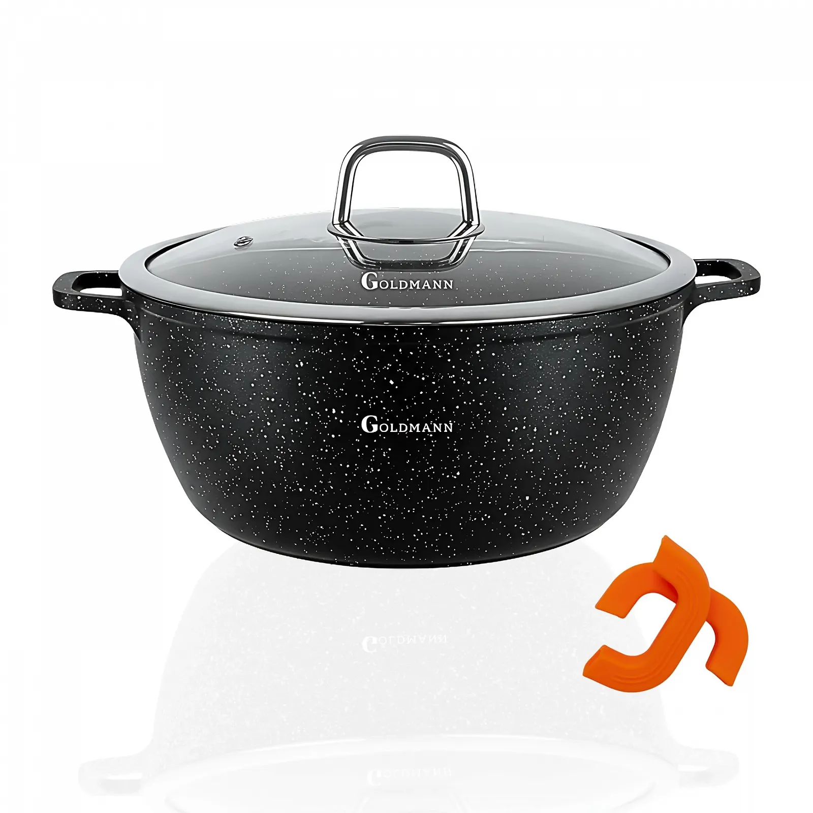 Каструля GOLDMANN 32 см з антипригарним покриттям та скляною кришкою, 9.9 л з мармуровим керамічним покриттям, фото №1 Каструля GOLDMANN 32 см з антипригарним покриттям та скляною кришкою, 9.9 л з мармуровим керамічним покриттям, фото №1