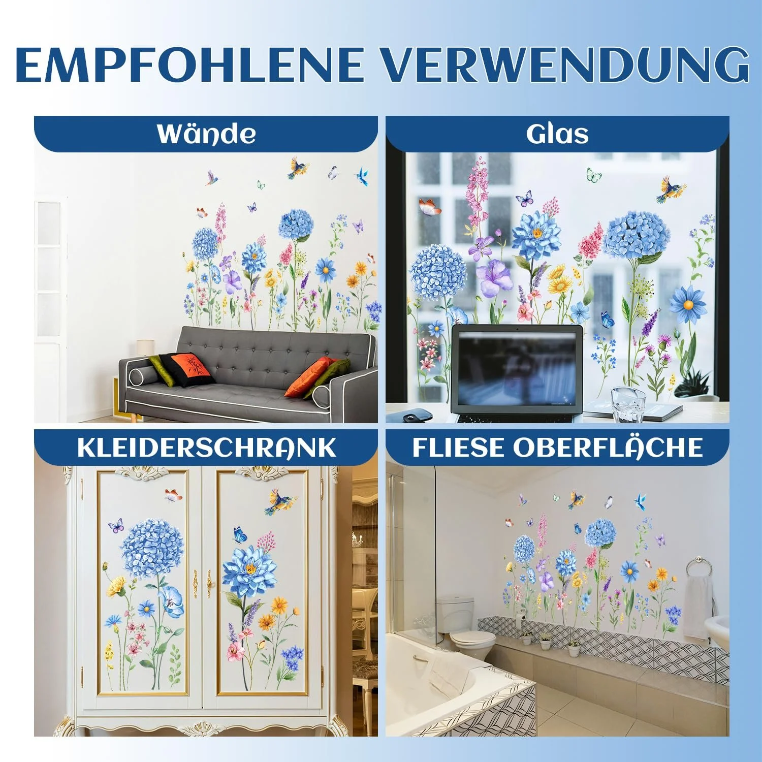 Наклейка на стіну Blue Flower and Bird знімна квіти та метелики вінілова Блакитна 90x30 см (2 шт.), фото №6