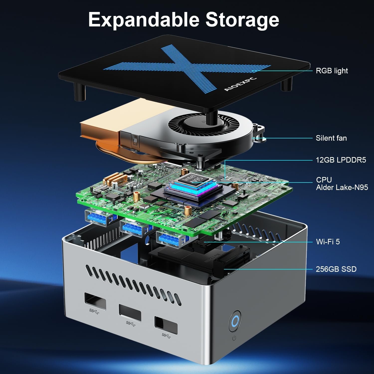 Мини ПК AIOEXPC X MINI N95 / Intel Alder Lake N95 / RAM 12GB / SSD 256GB / 2 x HDMI / 2 x LAN / Wi-Fi 5 / Bluetooth 4.2 / Windows 11 / Серебристый-Чёрный, фото №5