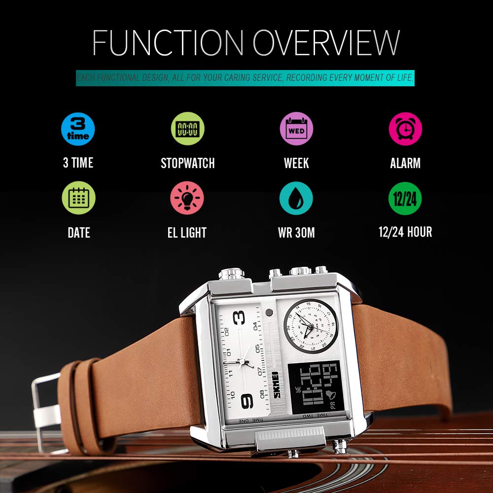 Часы SKMEI LED Квадрат Большой Циферблат Кварцевые Наручные Мужские Мультизональный Водонепроницаемый Хронограф Серебристо-Коричневый Ремешок, фото №2