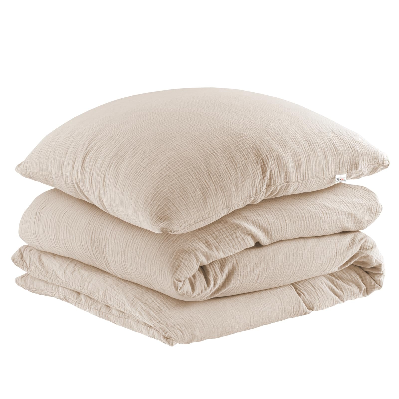 Постільна білизна з мусліну Pure Label 135 x 200 см з наволочкою 80 x 80 см, 100% бавовна - неймовірно м'яка, затишна постільна білизна бежевого кольору з мусліну, фото №1
