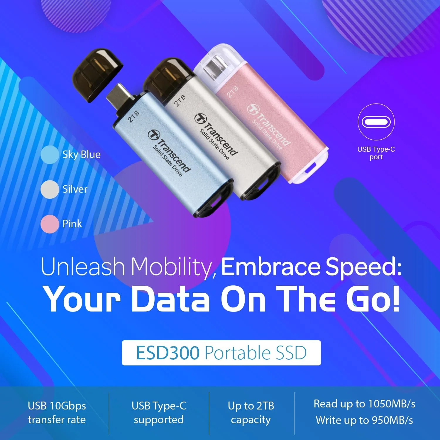 Внешний SSD Transcend ESD300 512ГБ USB 10Гбит/с Type C Dual Port (USB-C & A) для iPhone 15/16/17 и Android Pink, фото №4
