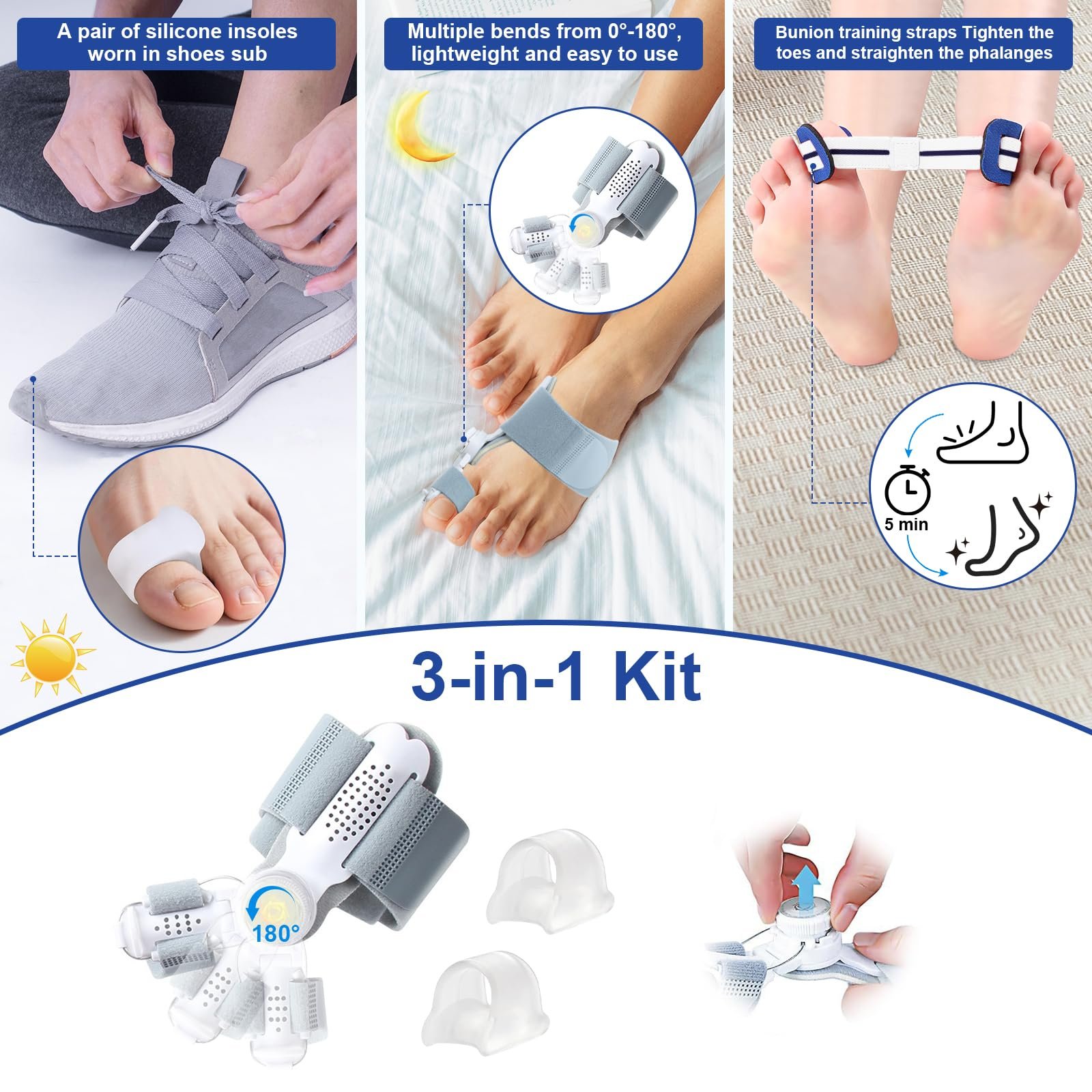 Регульований набір для корекції Hallux Valgus з шиною для великого пальця ноги, силіконовим роздільником для пальців ніг та тренувальною стрічкою, унісекс для лівої/правої ноги, фото №2