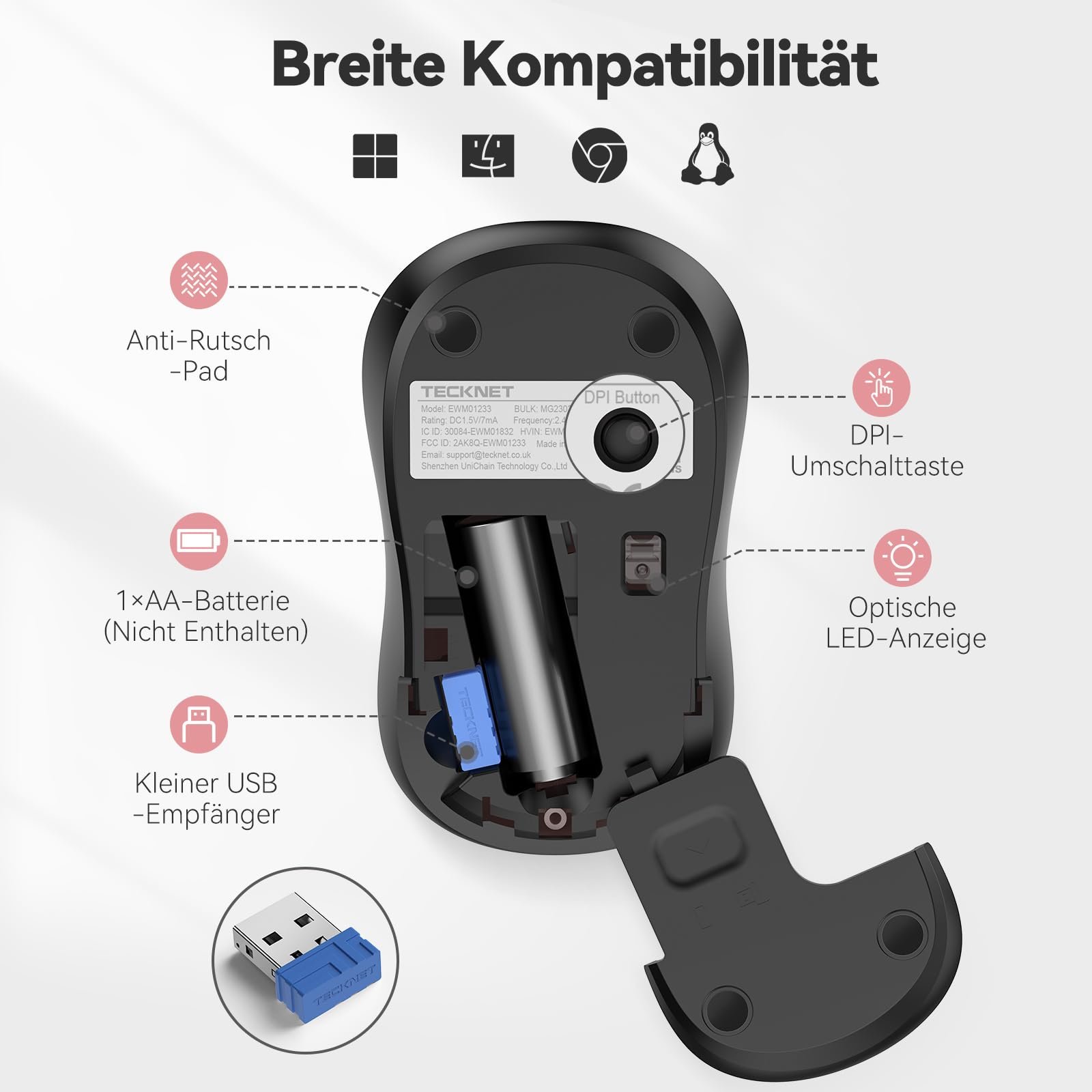 Мышь беспроводная TECKNET 3200 DPI оптическая для левшей и правшей 2,4 GHz с USB Nano приемником Красная, фото №7