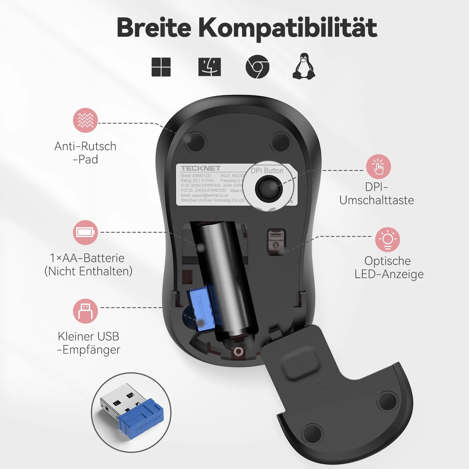 Миша бездротова TECKNET 3200 DPI оптична для лівшів і правшів 2,4 GHz з USB Nano приймачем Червона, фото №7