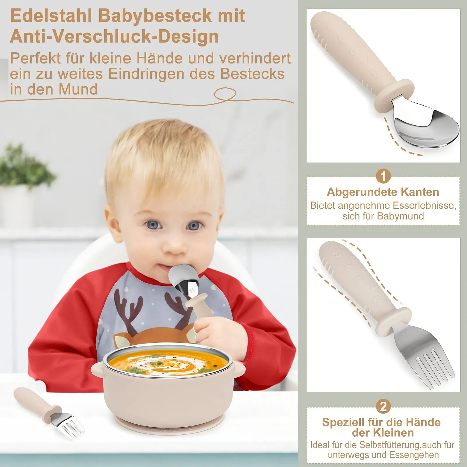Набір дитячого посуду MOJINL з нержавіючої сталі з присоскою, 6 предметів: дитяча тарілка, чашка, дитячий слинявчик з рукавами, ложка, виделка, миска, без BPA, фото №5