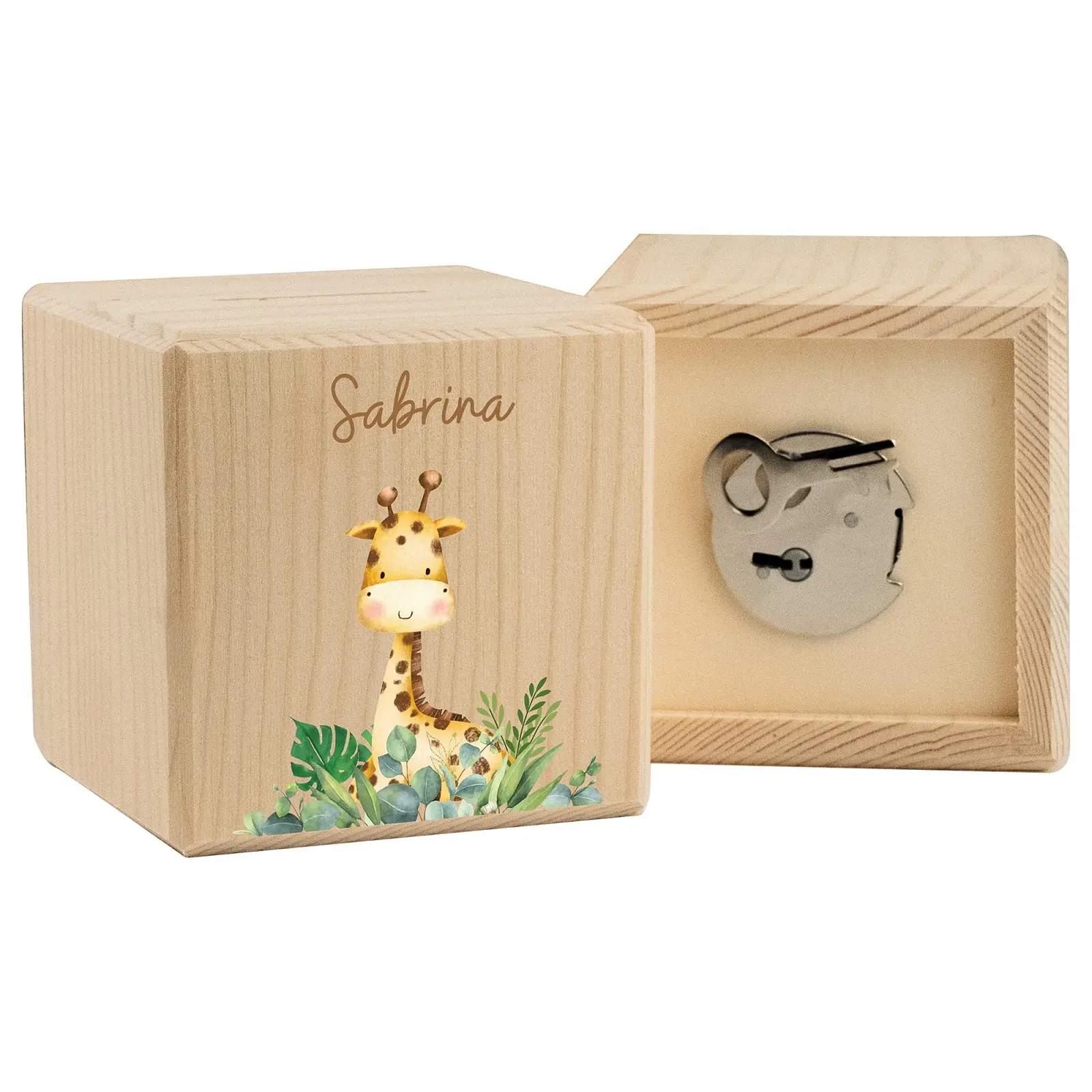 Скарбничка LARIFEE іменна Жираф дерев'яна куб із замком та ключем, фото №1