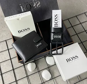 Мужской кожаный брендовый ремень и портмоне на кнопке в деревянной коробке BOSS - Фото 1