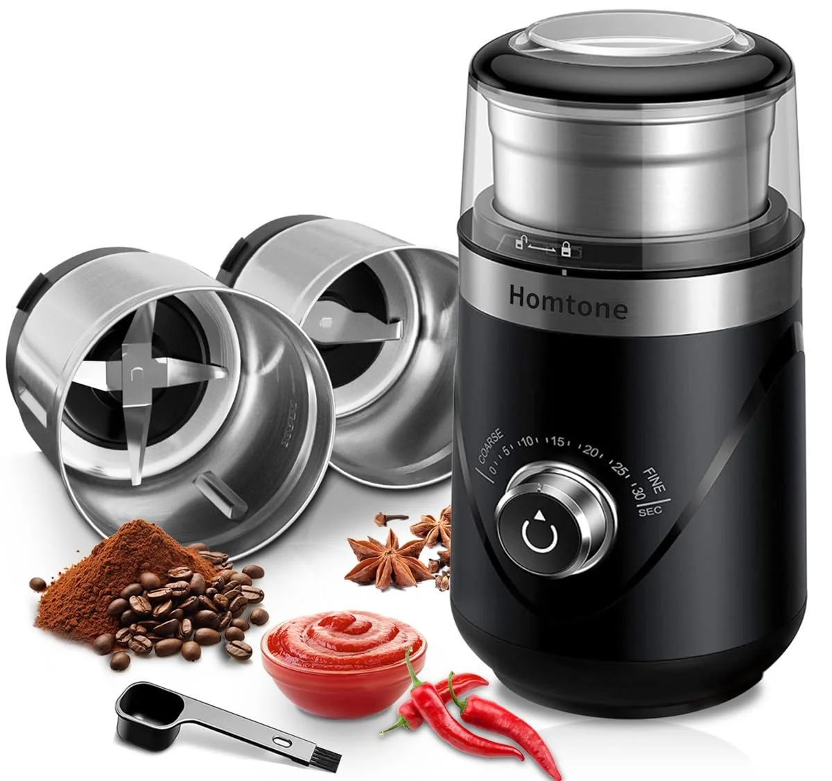 Электрическая кофемолка Homtone с таймером, регулируемым уровнем помола, двумя съемными контейнерами из нержавеющей стали 70 г, тихая 63 дБ, фото №1 Электрическая кофемолка Homtone с таймером, регулируемым уровнем помола, двумя съемными контейнерами из нержавеющей стали 70 г, тихая 63 дБ, фото №1
