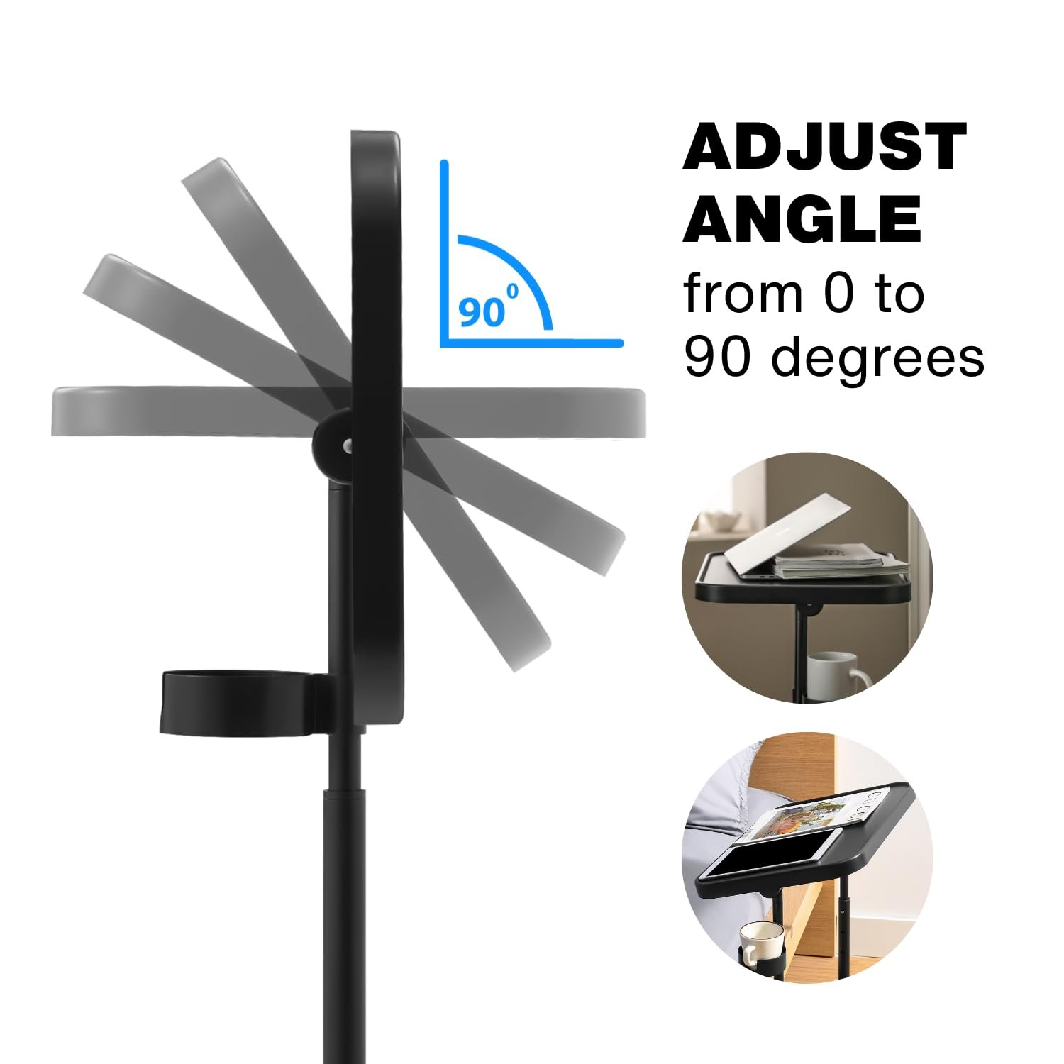 Столик с металлическим подносом на колесах Keepo, регулируемый столик для еды, складной столик для ноутбука с 3 уровнями высоты, угол наклона от 0 до 90 градусов, переносной столик для кровати и дивана, фото №6