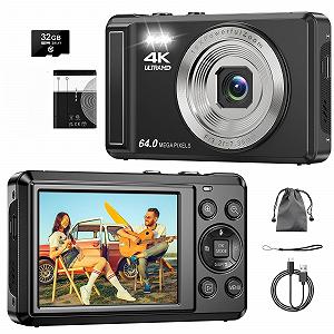 Цифровая Фотокамера 4K 64MP, 2.8 Дюйма UHD Автофокус, Карта 32GB и Батарея, 16X Цифровой Зум, Перезаряжаемая Портативная Компактная, для Детей Начинающих Подростков - Фото 1