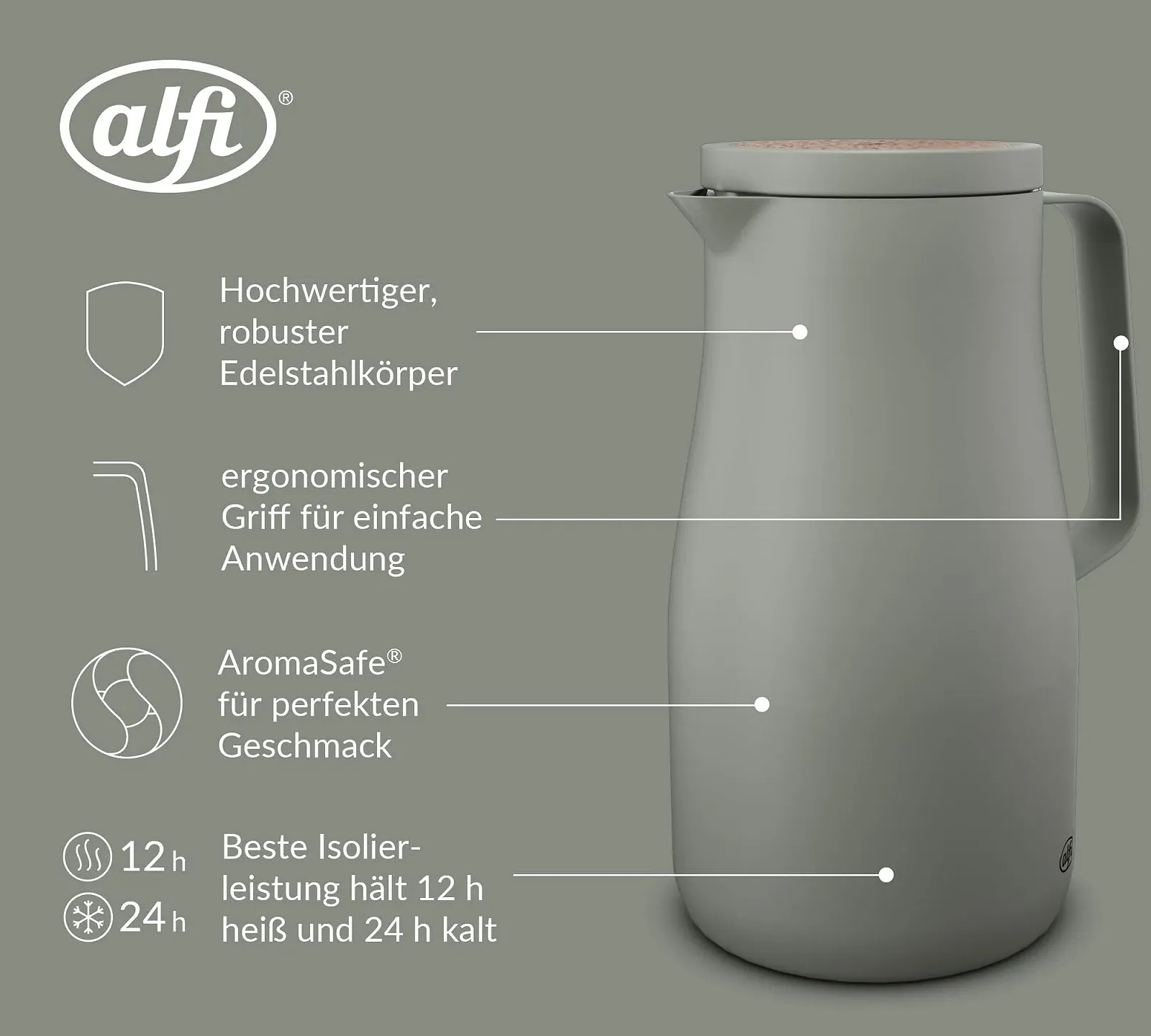 Термос-кавник alfi STUDIO TEA Matcha Green, 1.0 л, двостінна нержавіюча сталь, гвинтова кришка, великий отвір, фото №3