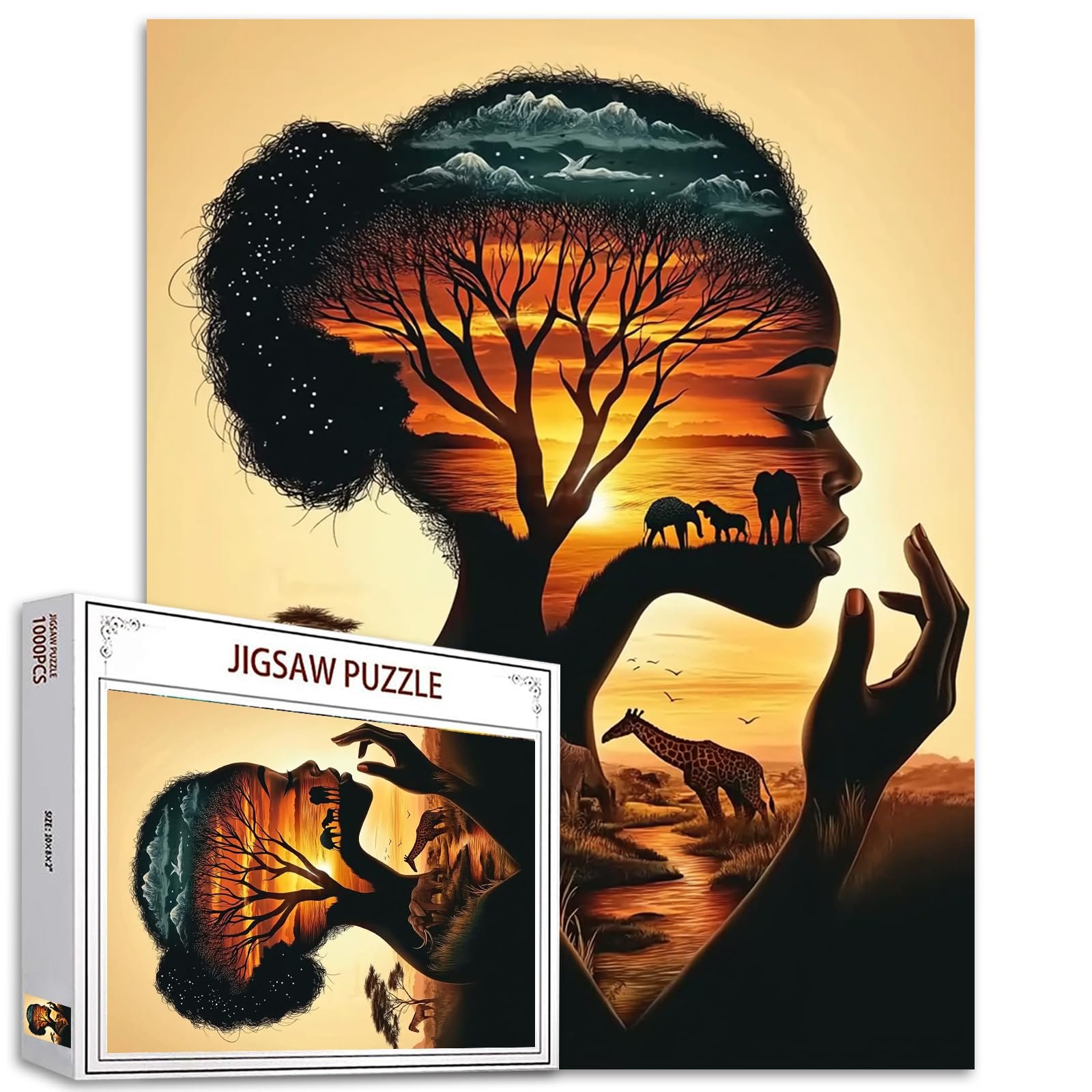 Пазл Black Girl Africa Woman Elephant Giraffe Tree of Life 1000 деталей 50 x 70 см, фото №1