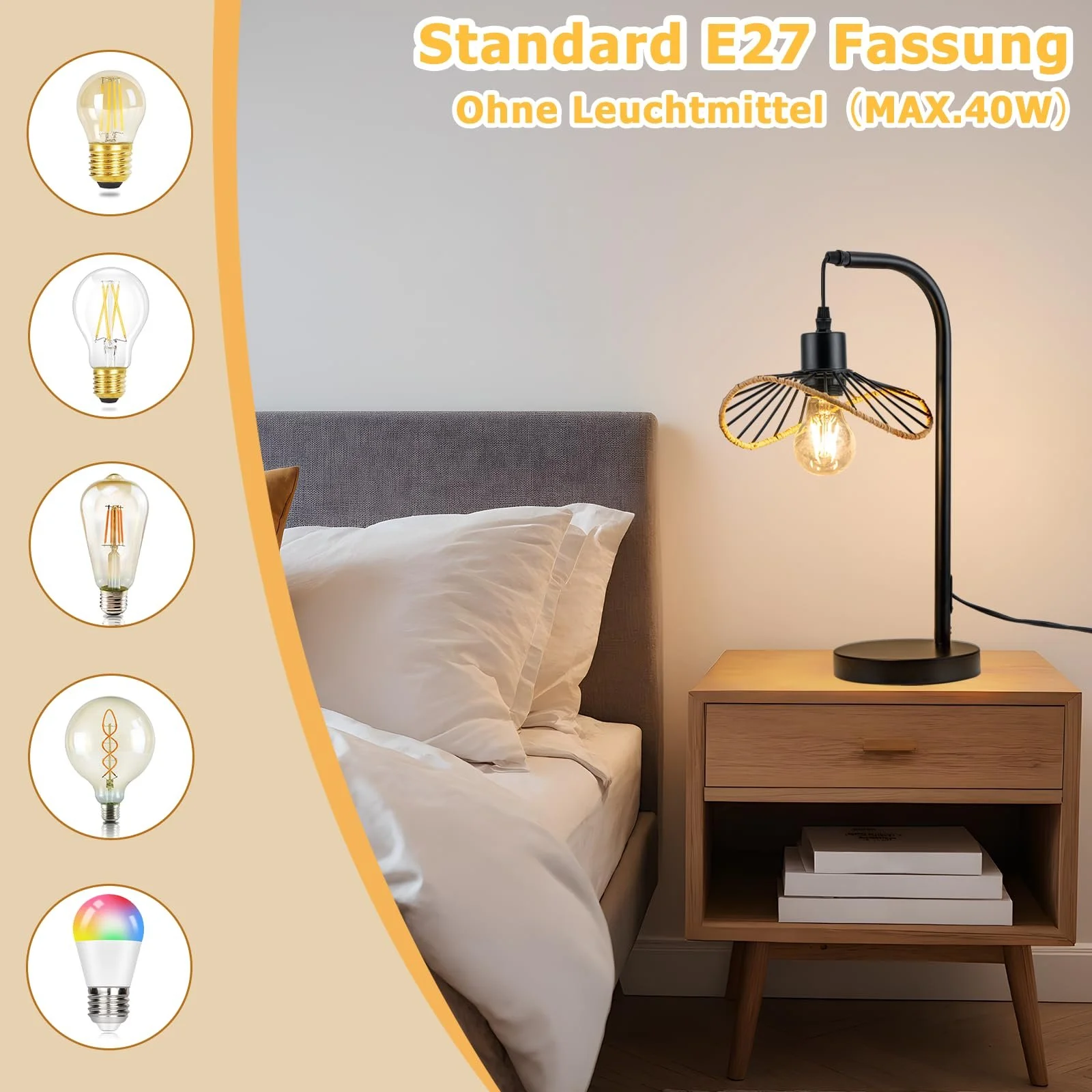 Настільна лампа Вінтажна Ретро Металева E27 Форма капелюха Чорна 150 см кабель, фото №2