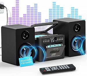 Стереосистема Greadio з CD-програвачем і касетним магнітофоном, динамік 40 Вт, Bluetooth 5.1, компактна з FM-радіо/USB/TF/AUX/дистанційним керуванням, HiFi музична система Чорний - Фото 1