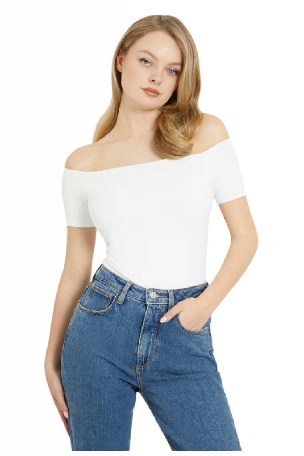 Женская футболка GUESS - Off-The-Shoulder Ribbed Top - Белая - S, фото №1