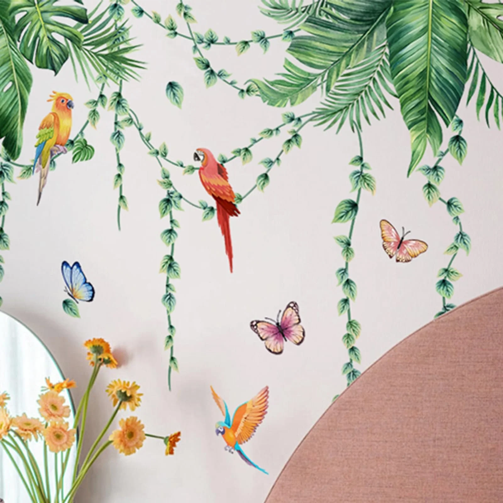 Наклейка на стіну Рослини Тропічне листя та птахи вінілова Зелена, фото №6