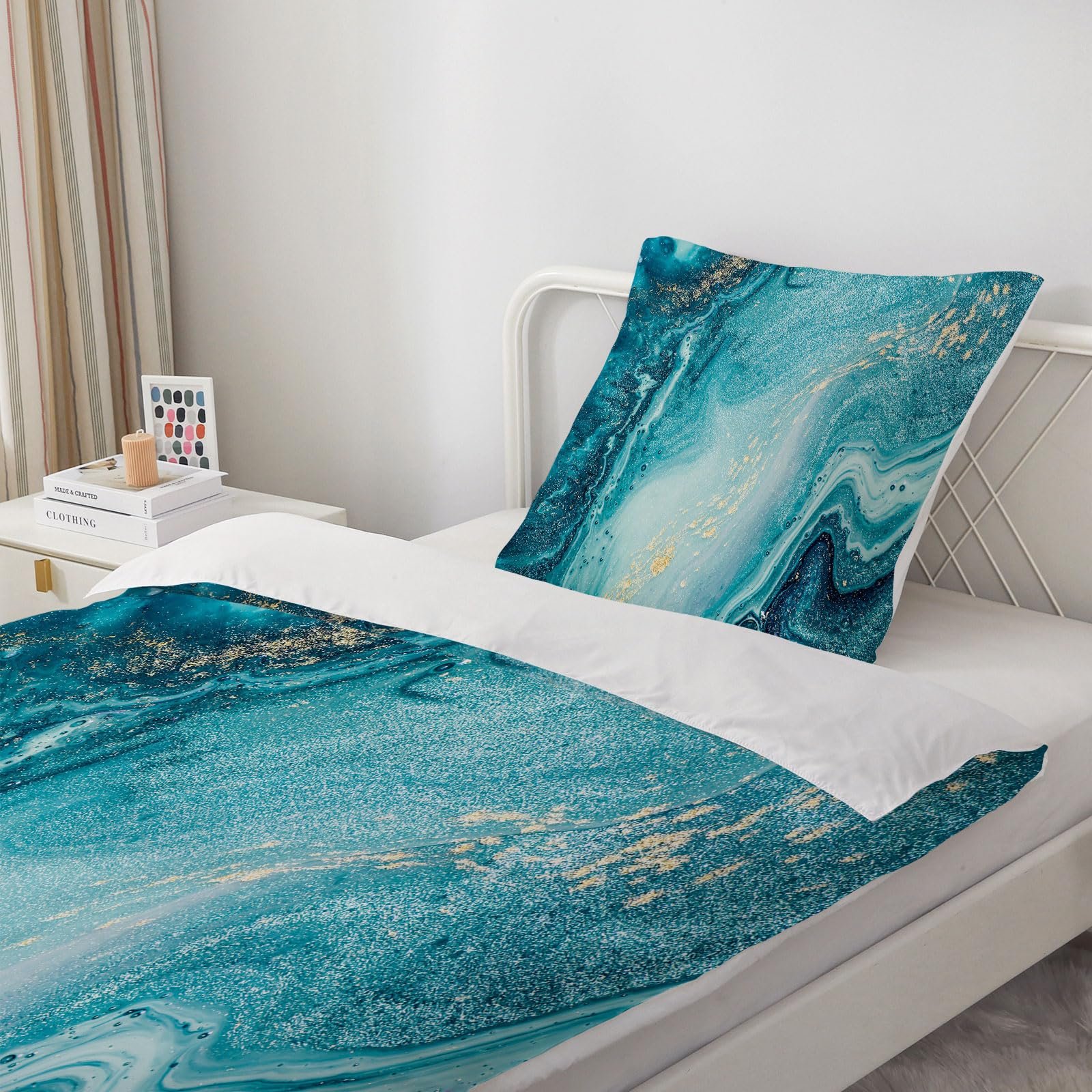 Постільна білизна HOMHOMHA 135 x 200 см, 2 предмети - Синьо-зелені мармурові підковдри 135 x 200 см + наволочки 80 x 80 см - Комплекти постільної білизни з поліефірної мікрофібри з блискавкою (DLS), фото №3