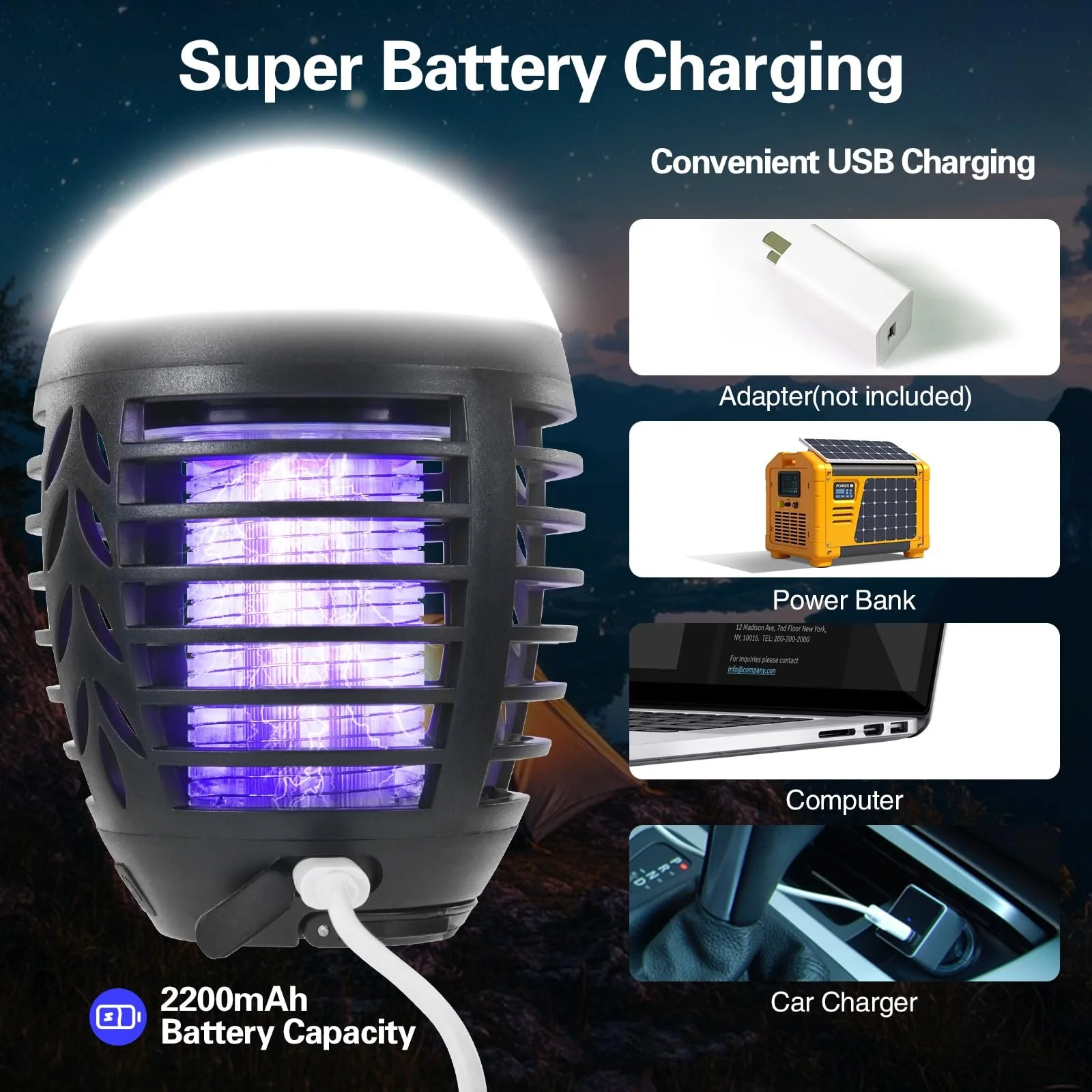 Уничтожитель насекомых электрический 2-в-1 с кемпинговой лампой USB 2200 мАч IPX6, фото №6