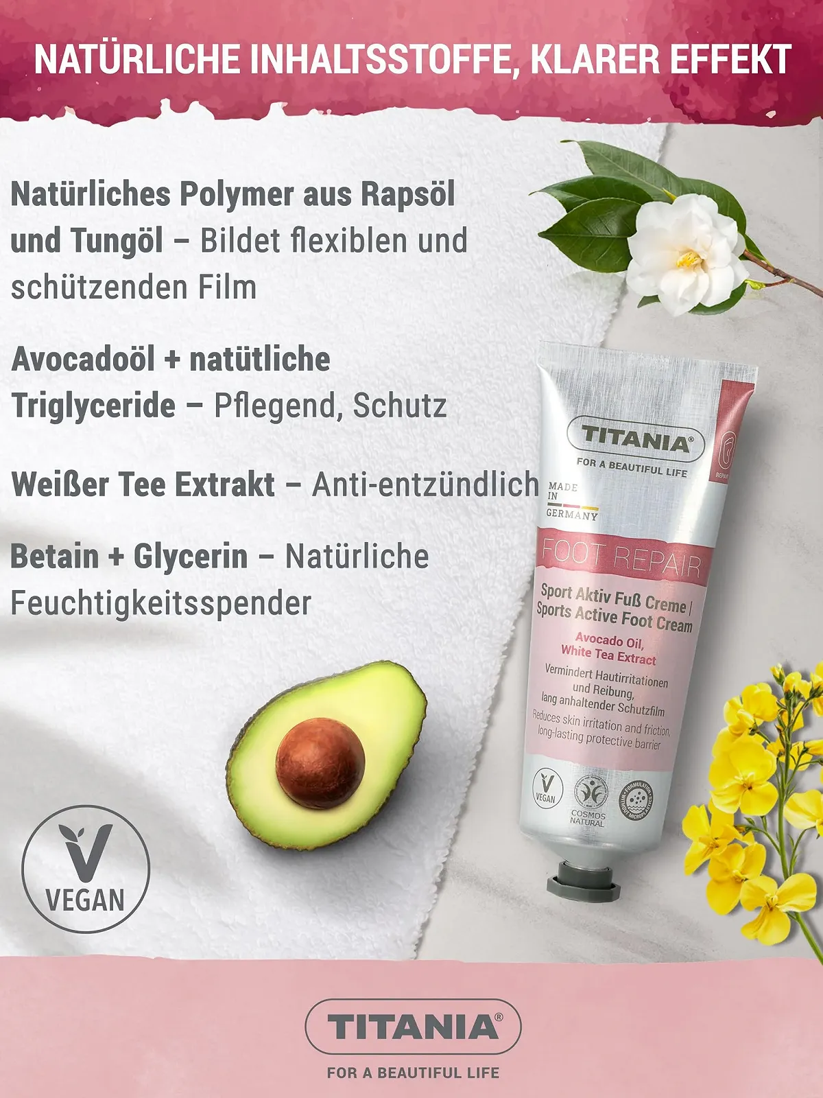 Крем для ног TITANIA Sport Active питательный и защитный с маслом авокадо и белым чаем 75 мл, фото №6