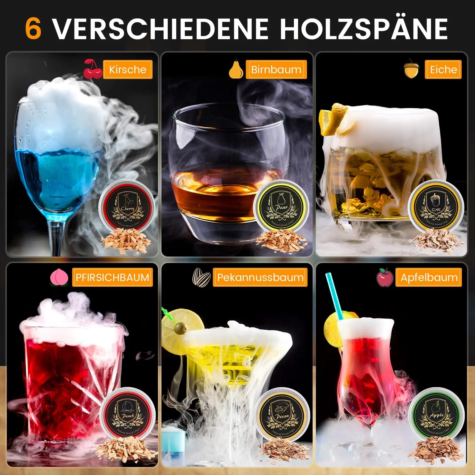 Набор для копчения виски коктейлей с горелкой, 6 видов щепы, 2 стакана для виски, 2 формы для льда, фото №3