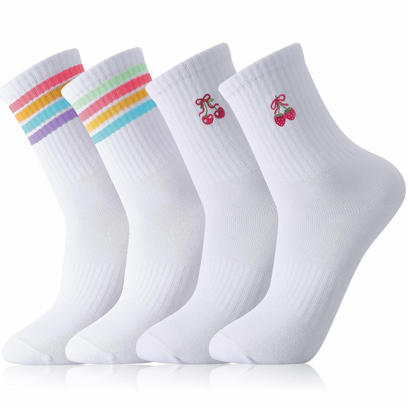 Теннисные носки Белый цвет, 4 пары, размер 38-42, с полосками и рисунками клубники и вишни, фото №9
