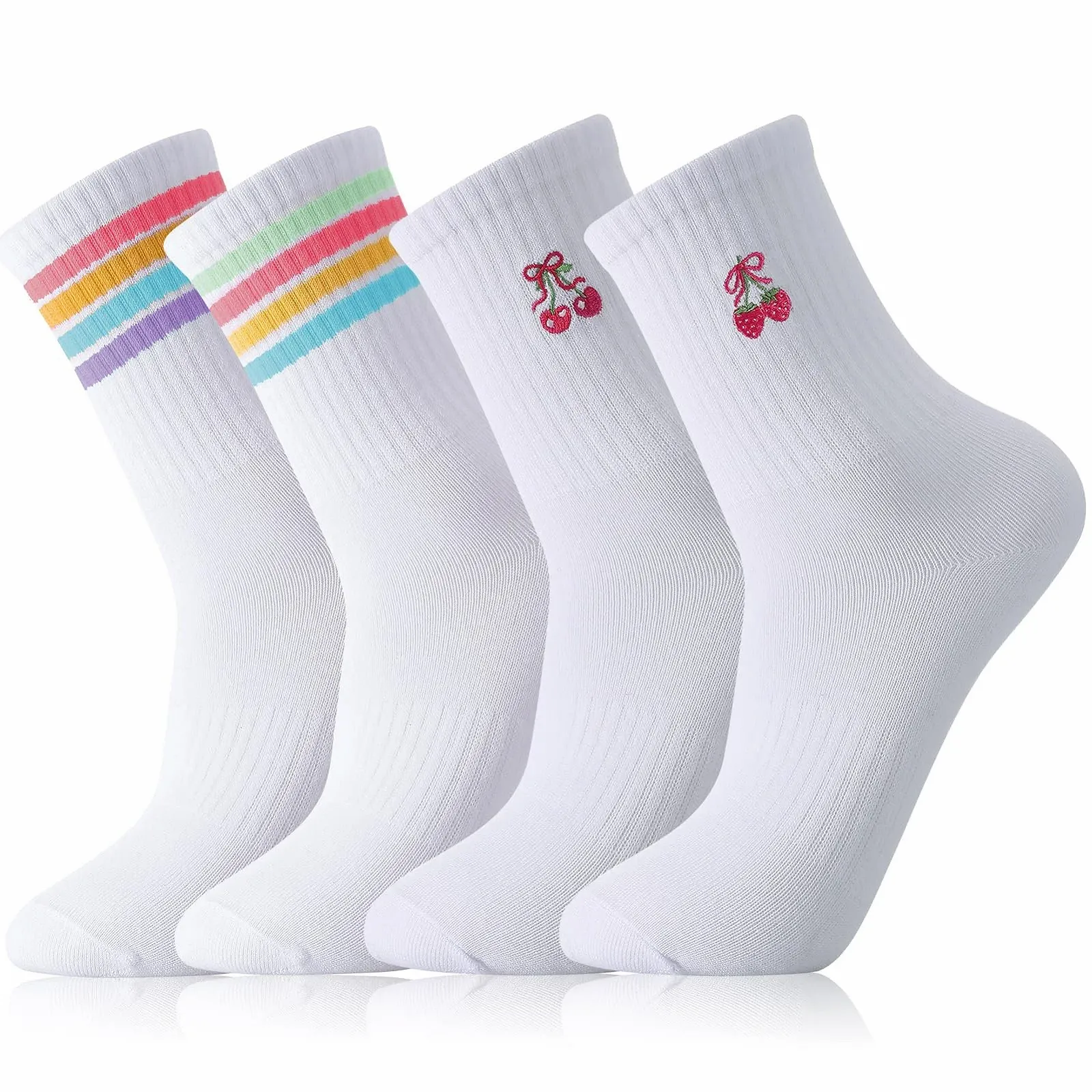 Теннисные носки Белый цвет, 4 пары, размер 38-42, с полосками и рисунками клубники и вишни, фото №9