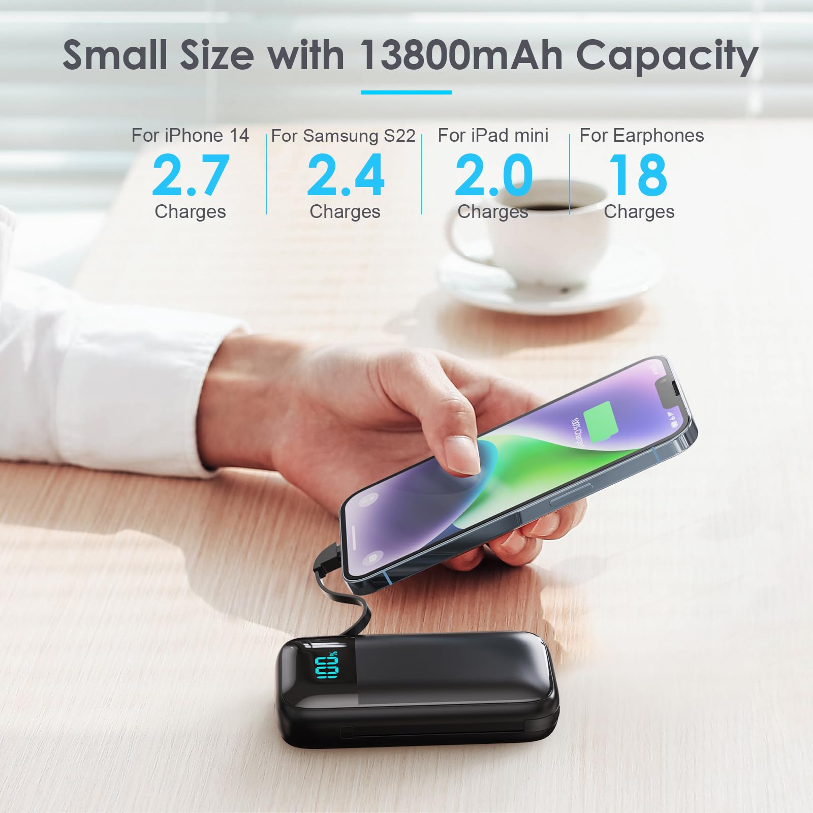 Павербанк QTshine Компактний 13800 мА·год вбудованими кабелями LCD дисплей, фото №5 Павербанк QTshine Компактний 13800 мА·год вбудованими кабелями LCD дисплей, фото №5