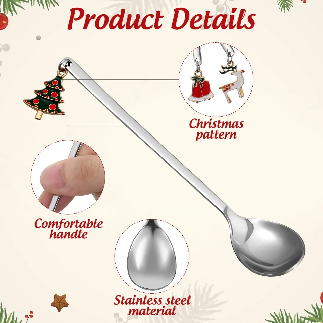 Ложка Кавова Hemoton Набір з 6 штук Нержавіюча сталь Різдвяна, фото №3