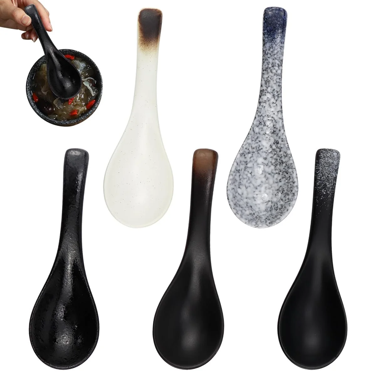 Набор керамических ложек, 5 штук Ложки для китайского супа и азиатские столовые приборы для рамена, Ретро японские столовые ложки для супов, блюд из пасты, Бытовые столовые приборы, фото №1