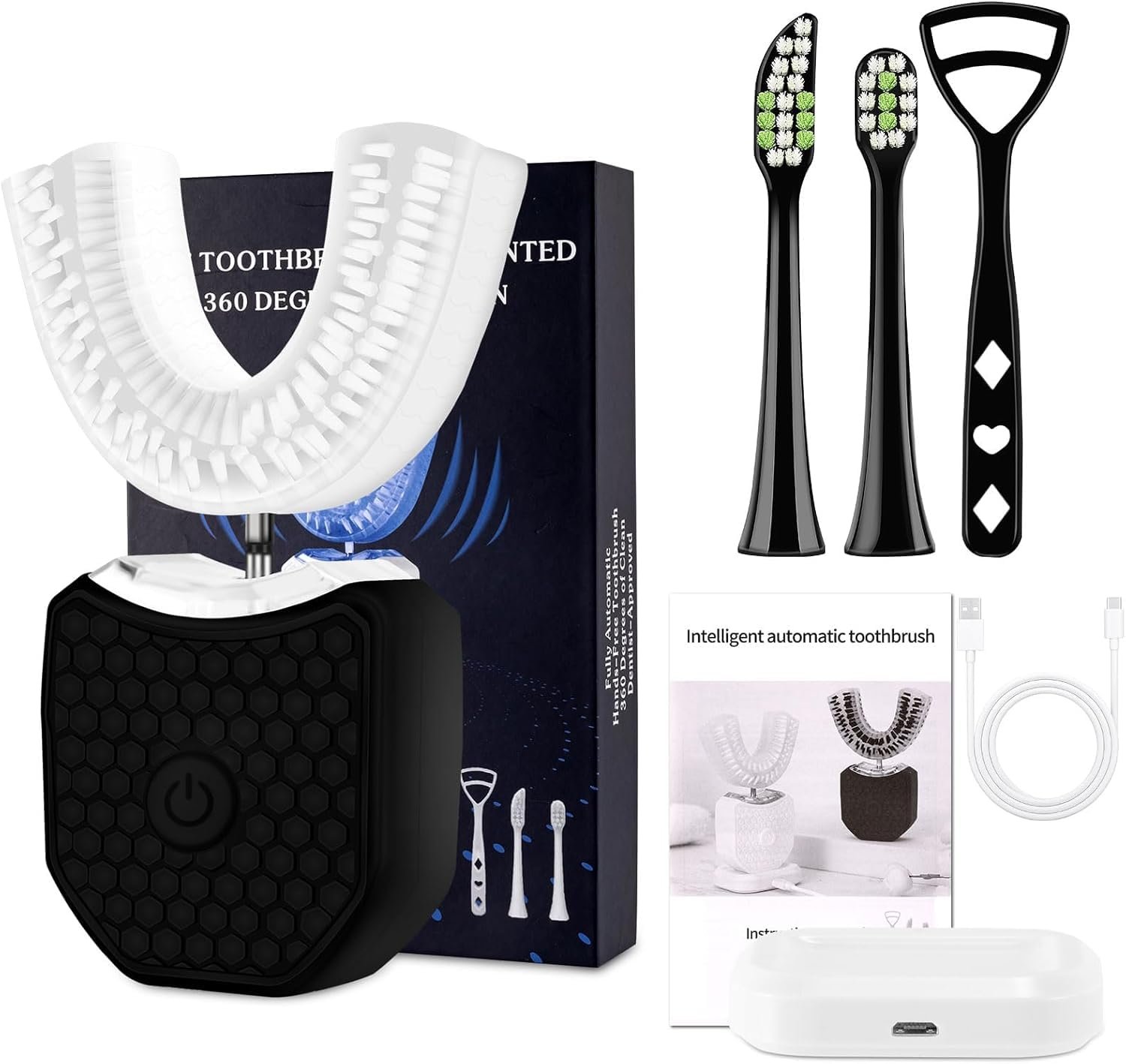 Електрична ультразвукова зубна щітка WingFly U-подібна 360° бездротова Black, M, фото №1