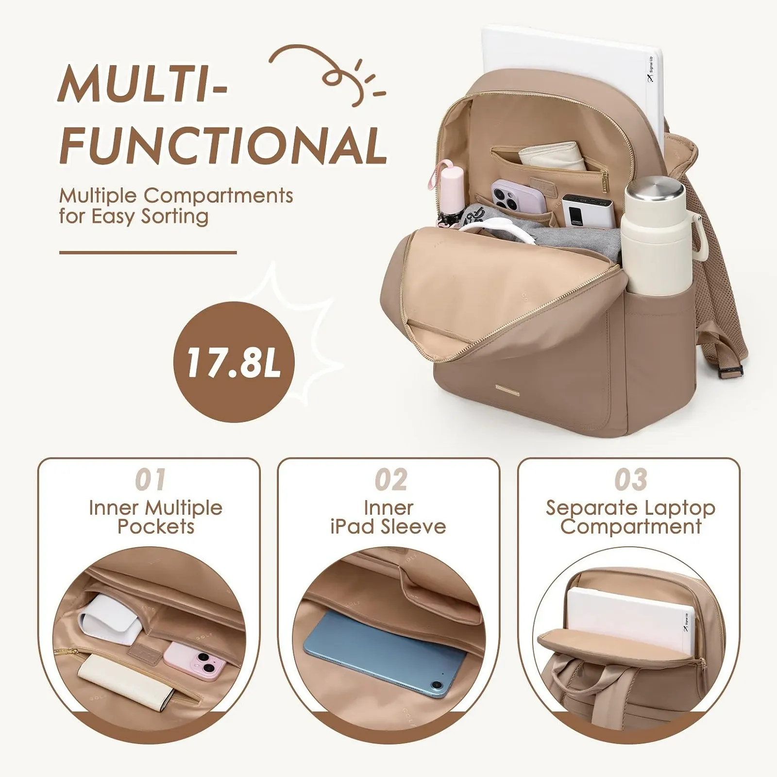 Рюкзак для ноутбука GOLF 16 дюймов 18 л Champagne Brown Modern, фото №5 Рюкзак для ноутбука GOLF 16 дюймов 18 л Champagne Brown Modern, фото №5